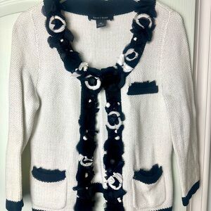 White House Black Market Black and White Cardigan with Floral Trim, XS